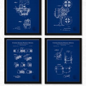May include: Four framed patent prints on a blue grid background. The prints feature white technical drawings of a popcorn machine, a motion picture projector, theater seating, and a theater chair. The text "Printable Files | Instant Download" is at the bottom.