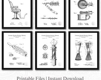 Patentes de barbero vintage / Descarga de 6 archivos JPG / Herramientas de afeitado antiguas / Arte mural de barbería / Regalo para peluquero / Fondo blanco