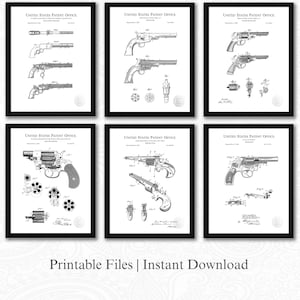 Patent för vintage revolver och pistol | Set med 6 JPG-bilder för nedladdning | Vit bakgrund | Vapenhistorisk konst | Present till samlare | Vapendekor