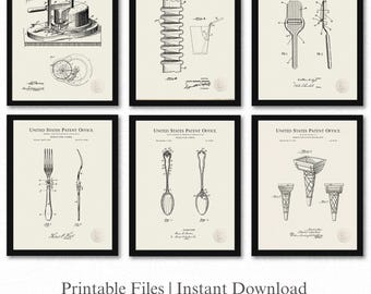 May include: Six framed patent prints featuring black and white illustrations of various kitchen utensils and tools. The prints include drawings of a fork, spoon, ice cream cone maker, and other kitchen-related inventions. The text "Printable Files | Instant Download" is at the bottom.