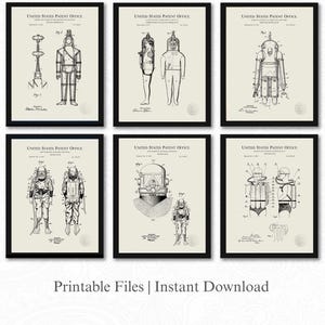 Diving Suit Patent Prints | Set of 6 JPG Image Downloads | Linen Background |Vintage Deep Sea Diving Art |  Gift for Scuba Diver