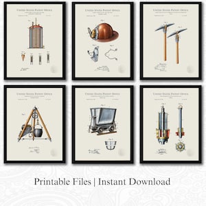 May include: A set of six framed United States Patent Office documents featuring technical illustrations of mining equipment, including a lamp, pick, tripod, cart, and drill, all presented on a cream background with black frames and text.