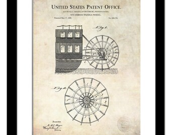 Patente de rueda de paletas de barco de vapor de 1898 / Descarga digital / Arte náutico / Arte mural de barco fluvial vintage / Decoración náutica / Fondo antiguo