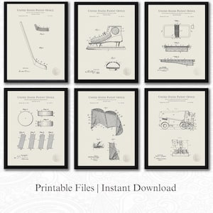Vintage Hockey Patent Collection | 6 JPG Downloads | Antique Sports Wall Art | Gift for Hockey Fans | Linen Background