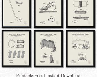Vintage Hockey Patent Collection | 6 JPG Downloads | Antique Sports Wall Art | Gift for Hockey Fans | Linen Background