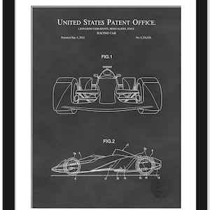May include: Framed patent illustration of a racing car, with two views labeled FIG. 1 and FIG. 2. The text reads "UNITED STATES PATENT OFFICE" and "RACING CAR". The patent was granted on September 4, 2012.