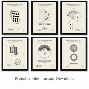 Vintage Poker Patents | Set of 6 JPG Downloads | Linen Background | Casino Decor | Card Room Art | Gift for Poker Fan | Hold&#39;em Decor