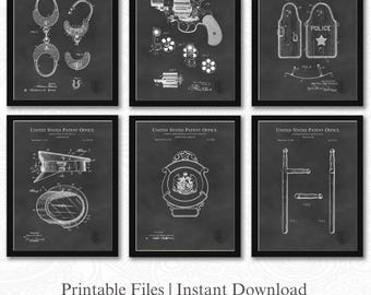 Patentes de equipo policial histórico / Juego de 6 descargas digitales JPG / Decoración vintage para las fuerzas del orden / Fondo de pizarra / Regalo para un oficial