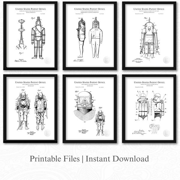 Patentafdrukken duikpak | Set van 6 JPG-afbeeldingsdownloads | Witte achtergrond |Vintage diepzeeduikkunst |  Cadeau voor scuba-duiker