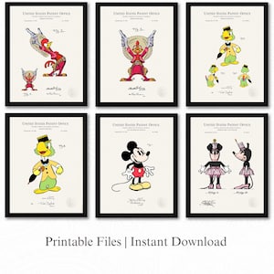 Vintage Disney Character Patents | Set of 6 Digitally Colored JPG&#39;s | Linen Background | 3 Ratios: 16 Files Included | Instant Download
