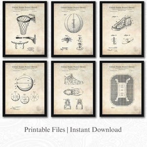 Basketball Patent Art Set | 6 JPG Download | Hoop, Shoe & Court Blueprints | Sports Decor | Gift for Basketball Fan | Antique Background