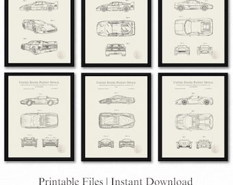 Puede incluir: Seis impresiones enmarcadas con dibujos de patentes de coches antiguos. Cada impresión muestra múltiples vistas del coche, incluyendo perspectivas laterales, superiores y traseras. Las impresiones están en marcos negros con un fondo crema. El texto en la parte inferior dice "Archivos imprimibles | Descarga instantánea."