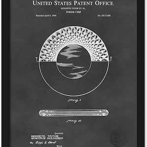 Patente de ficha de pôquer de 1944 | Download JPG | Fundo de quadro-negro | Arte de parede para sala de jogos | Decoração de cassino | Presente para jogadores de cartas | Decoração de sala de pôquer
