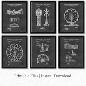 Vintage Amusement Ride Patent Collection | 6 JPG Downloads | Ferris Wheel & Roller Coaster Art | Carnival Wall Decor | Chalkboard Background