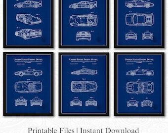 Puede incluir: Seis planos de patentes automotrices enmarcados con fondo azul y dibujos lineales blancos. Cada marco muestra diferentes diseños de automóviles, incluyendo vistas laterales, superiores y frontales. El texto "UNITED STATES PATENT OFFICE" está arriba.