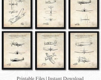 Vintage WWII Fighter Aircraft Patents | Set of 6 JPG Image Downloads | Antique Background | 3 Ratios: 18 Files Included | Instant Download