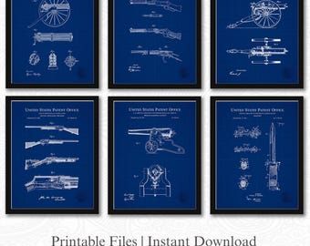 Patentes de armas militares históricas / Descargas de 6 imágenes JPG / Fondo de planos / Decoración de guerra vintage / Regalo para coleccionistas del ejército