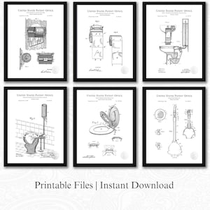 Vintage Toilet Patent Prints | Set of 6 JPG Image Downloads | White Background | 3 Ratios: 16 Files Included | Instant Download