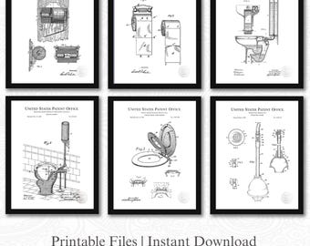 Vintage Toilet Patent Prints | Set of 6 JPG Image Downloads | White Background | 3 Ratios: 16 Files Included | Instant Download