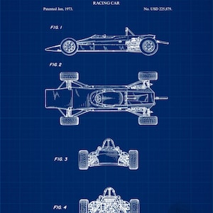 Pode incluir: Planta de um carro de corrida, com desenhos t&eacute;cnicos detalhados do United States Patent Office. O design inclui vistas superior, inferior e frontal, com o texto "LOLA CARS LIMITED" e "RACING CAR". A patente foi concedida em janeiro de 1973.
