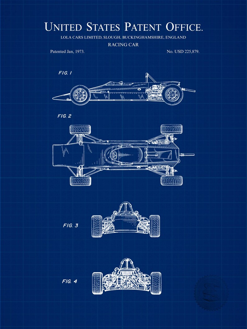 Pode incluir: Planta de um carro de corrida, com desenhos t&eacute;cnicos detalhados do United States Patent Office. O design inclui vistas superior, inferior e frontal, com o texto "LOLA CARS LIMITED" e "RACING CAR". A patente foi concedida em janeiro de 1973.