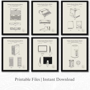 Könnte beinhalten: Sechs gerahmte Patentdrucke mit Vintage-Computerdesigns. Jeder Druck in schwarzen Rahmen zeigt detaillierte technische Zeichnungen früher Computermodelle, einschließlich Tastaturen und Monitoren. Der Text "UNITED STATES PATENT OFFICE" befindet sich oben auf jedem Druck.