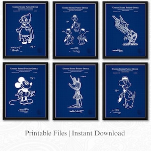 Vintage Disney Character Patents 2 | Set of 6 JPG Image Downloads | Blueprint Background | 3 Ratios: 16 Files Included | Instant Download