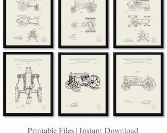 Vintage Tractor Patent Prints | Set of 6 JPG Image Downloads | Linen Background | 3 Ratios: 16 Files Included | Instant Download