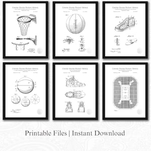 Basketball Patent Art Set | 6 JPG Download | Hoop, Shoe & Court Blueprints | Sports Decor | Gift for Basketball Fan | White Background