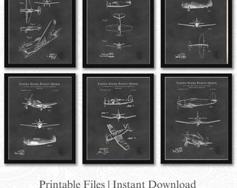 WWII Fighter Aircraft Patents | Set of 6 JPG Image Downloads | Chalkboard Background | 3 Ratios: 18 Files Included | Instant Download