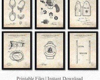Patentes de equipo policial histórico / Conjunto de 6 descargas digitales JPG / Decoración vintage para las fuerzas del orden / Fondo antiguo / Regalo para un oficial