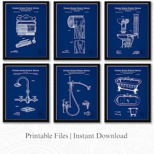 Retro Bathroom Design Patents | Set of 6 JPG Image Downloads | Blueprint Background | 3 Ratios: 16 Files Included | Instant Download