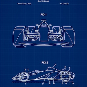 Pode incluir: Ilustra&ccedil;&atilde;o em estilo de planta de um carro de corrida, com vistas frontal e lateral rotuladas como FIG. 1 e FIG. 2. A imagem inclui desenhos t&eacute;cnicos e o texto "UNITED STATES PATENT OFFICE."