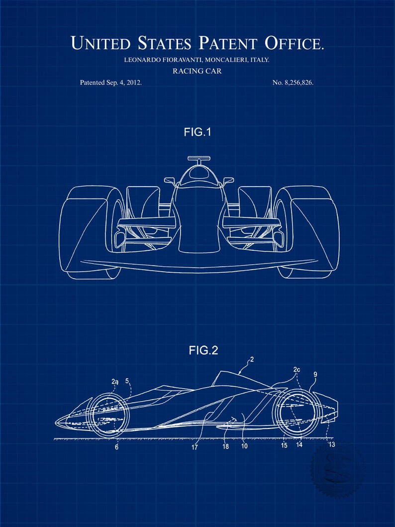 Pode incluir: Ilustra&ccedil;&atilde;o em estilo de planta de um carro de corrida, com vistas frontal e lateral rotuladas como FIG. 1 e FIG. 2. A imagem inclui desenhos t&eacute;cnicos e o texto "UNITED STATES PATENT OFFICE."