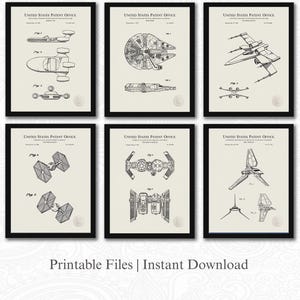 May include: Six framed vintage-style patent prints featuring spacecraft designs. Each print is in black and white, showcasing detailed technical drawings. The prints are labeled "United States Patent Office." The bottom of the image reads "Printable Files | Instant Download."