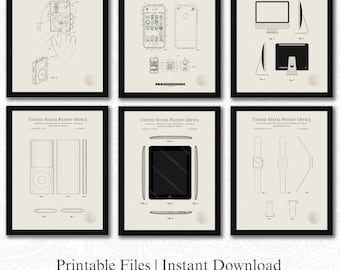 Iconic Patents | 6 JPG Downloads | Smartphone, Mp3, Smartwatch & Tablet| Office Decor | Gift for Tech Fan | Linen Background
