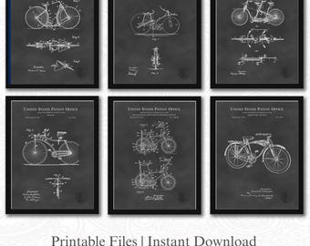 Vintage Bicycle Design Collection | 6 JPG Download | Antique Bike Patents | Sports Room Decor | Gift for Cyclist | Chalkboard Background