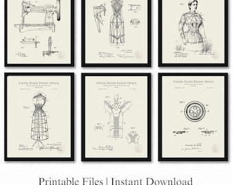 Könnte beinhalten: Sechs gerahmte Vintage-Patentdrucke mit Näh- und Modedesigns. Die Schwarz-Weiß-Illustrationen zeigen eine Nähmaschine, Schneiderpuppen und einen Knopf. Der Text "Printable Files | Instant Download" befindet sich unten.