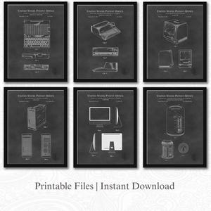 May include: Six framed patent illustrations of vintage computers, including a laptop, desktop, and tower designs. Each print is in white on a dark grey background, with the text "UNITED STATES PATENT OFFICE" at the top. The phrase "Printable Files | Instant Download" is at the bottom.
