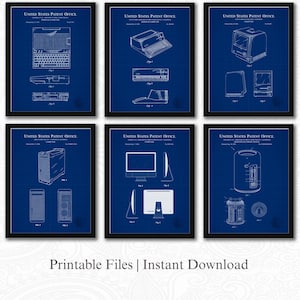 May include: Six framed prints featuring computer patent blueprints. Each print, set against a blue background, showcases a different computer design, including a laptop, desktop, and monitor. The text "UNITED STATES PATENT OFFICE" is at the top of each print.
