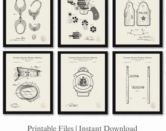 Patentes de equipo policial histórico / Juego de 6 descargas digitales JPG / Decoración vintage para las fuerzas del orden / Fondo de lino / Regalo para un oficial