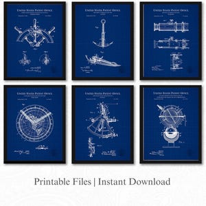 Antique Nautical Patent Set | Set of 6 JPG Image Downloads | Blueprint Background | Vintage Ship Decor | Gift for Sailor or Explorer