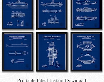 Vintage Submarine Patent Set  | Set of 6 Digital Downloads | Blueprint Background | Nautical Wall Decor | Gift for Submarine Enthusiast