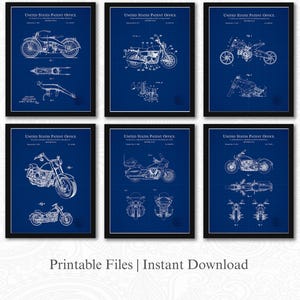 Classic Motorcycle Design Patents | Set of 6 JPG Image Downloads | Blueprint Background | 3 Ratios: 16 Files Included | Instant Download