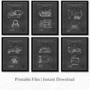 Vintage Construction Patent Collection | JPG Download | Heavy Machinery Art | Construction DecorEngineering Tools | Chalkboard Background