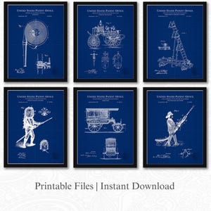 Historische patenten voor brandweeruitrusting | Set van 6 JPG-downloads | Uitvindingen uit de jaren 1800 en 1900 | Blauwdrukachtergrond | Muurkunst brandweerkazerne