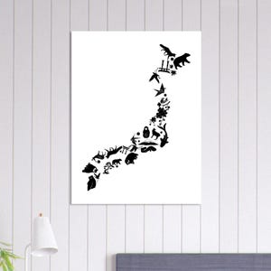Black Japan Map Wall Art, Minimalist Japanese Animal & Landmark Poster,  Modern Travel Decor, Unique Gift for Japan Lovers