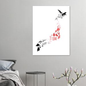 Japan Wildlife Poster, Black Japan Map Wall Art, Minimalist Japanese Animal & Landmark Poster,  Modern Travel Decor, Unique Gift for Japan