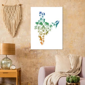 India Map Wall Art, Cultural Landmark Poster, Vibrant Indian Decor, Spiritual Map Print, Travel Gift, Modern Boho Home Wall Decor