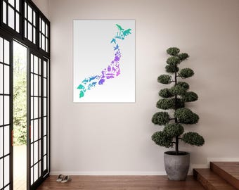 Japan Wildlife Map Poster: Cultural Art Print, Home Decor
